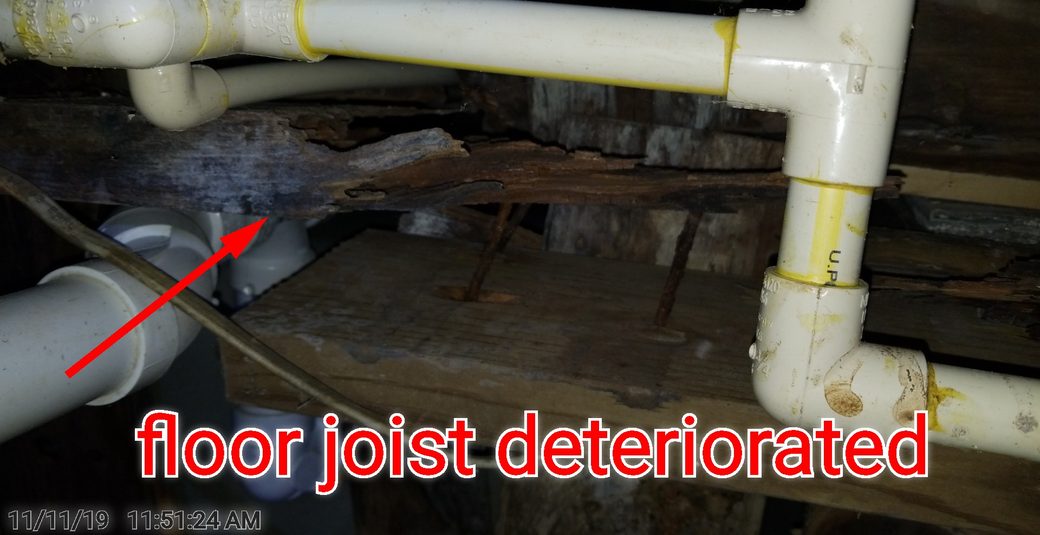 Crawlspace floor joist rotted clean through below a bathroom