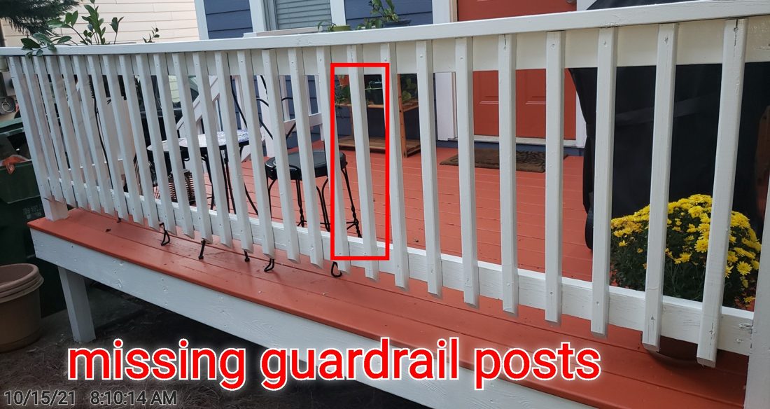 A deck guardrail section missing its structural support post
