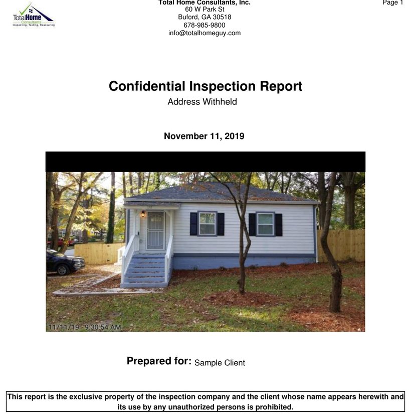 Home inspection report cover page