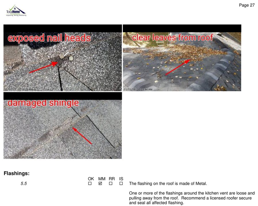 Annotated report page showing a roof finding with inspector callouts