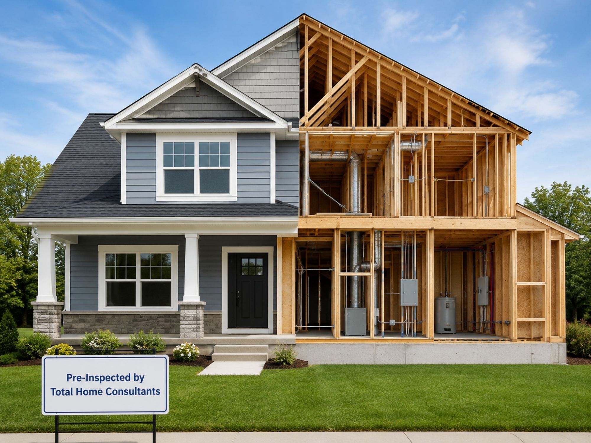 New-construction home with inspector on a finished build