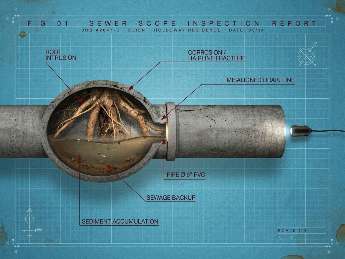 Sewer camera monitor showing line footage